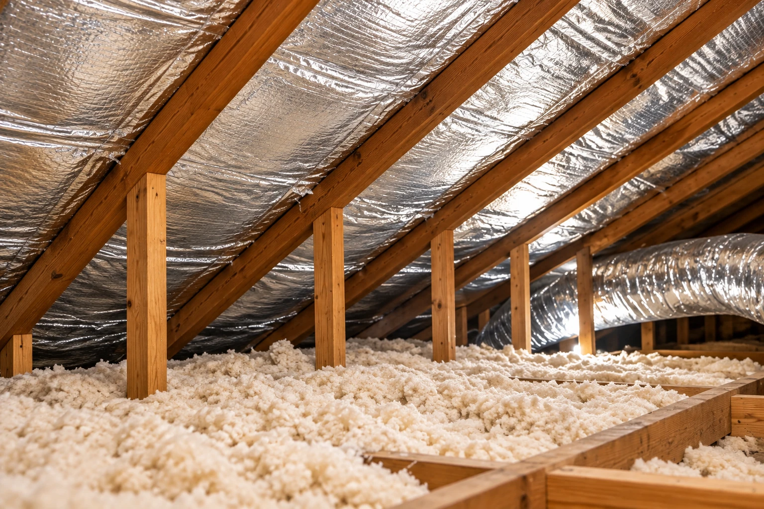 Attic with loose-fill insulation covering the floor beneath wooden rafters lined with reflective foil.