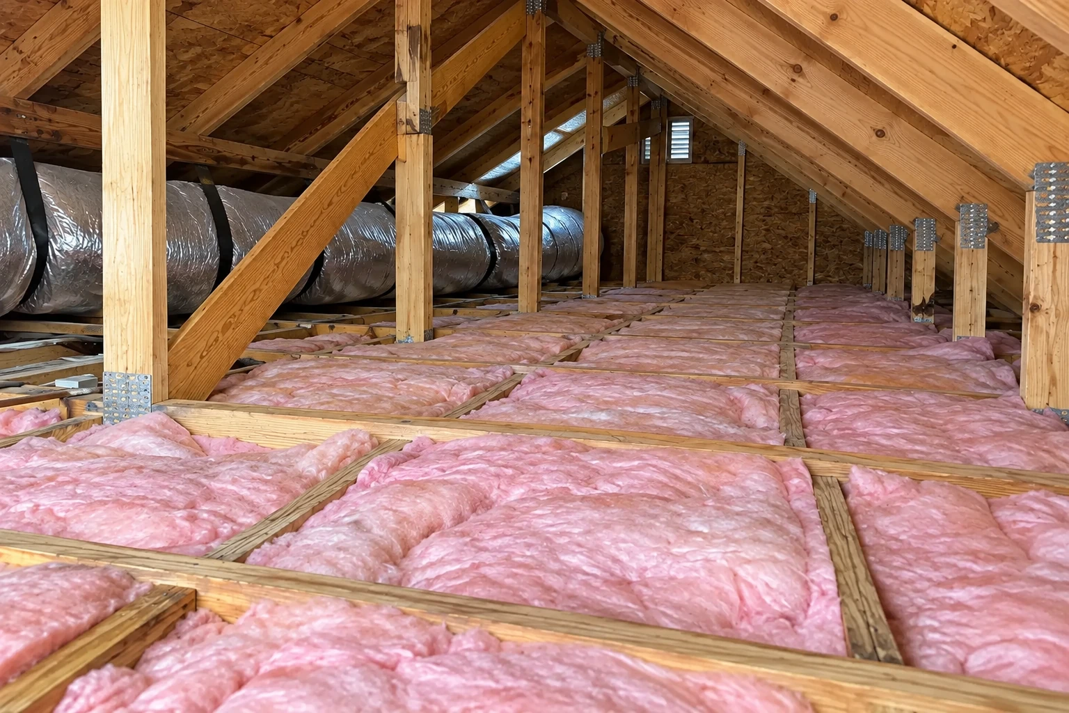 Pink fiberglass batts cover an attic floor between wooden joists, with exposed rafters and a large flexible duct along the side.