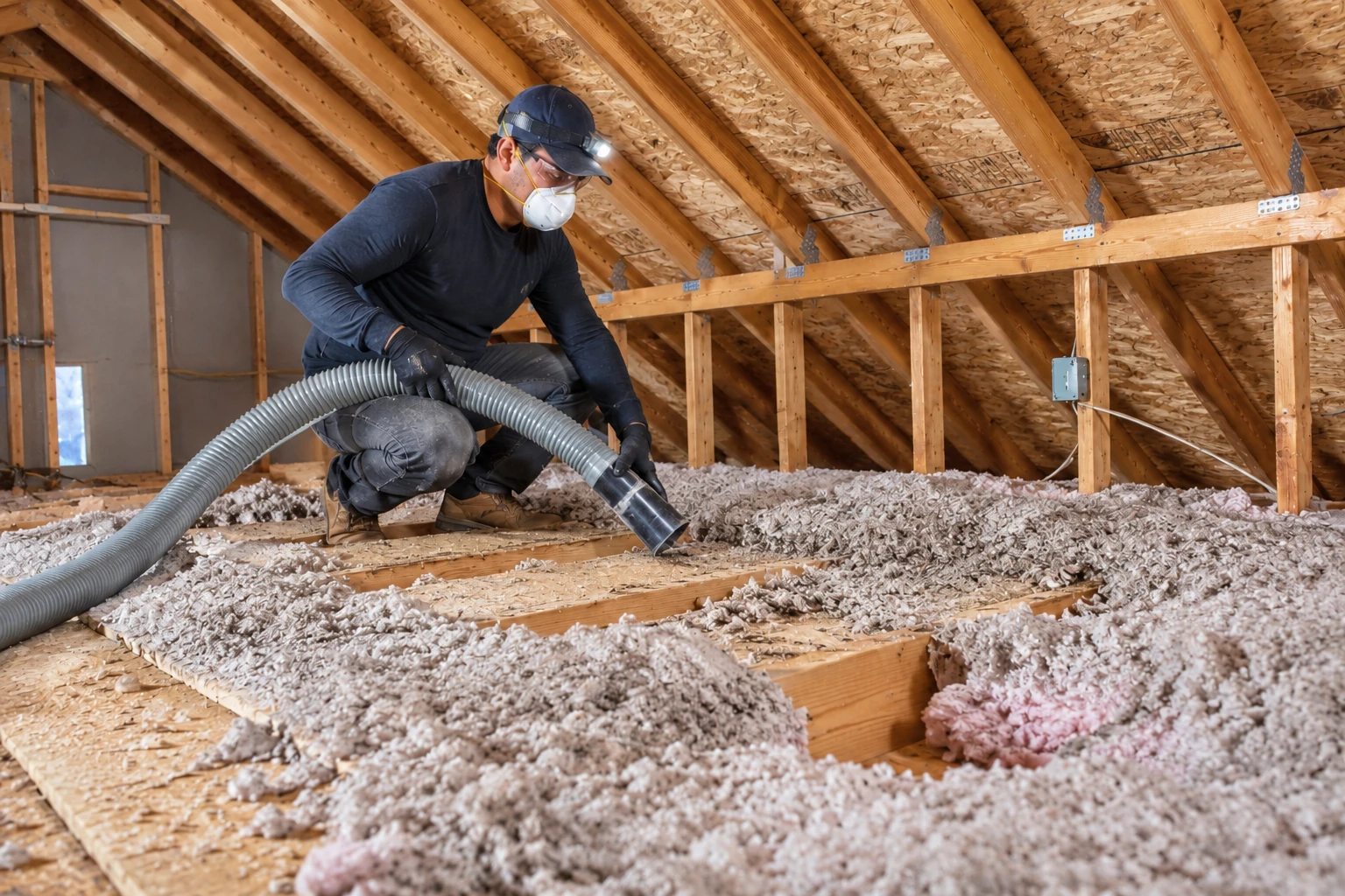 A worker wearing a mask kneels in an attic and feeds loose-fill insulation through a large hose.