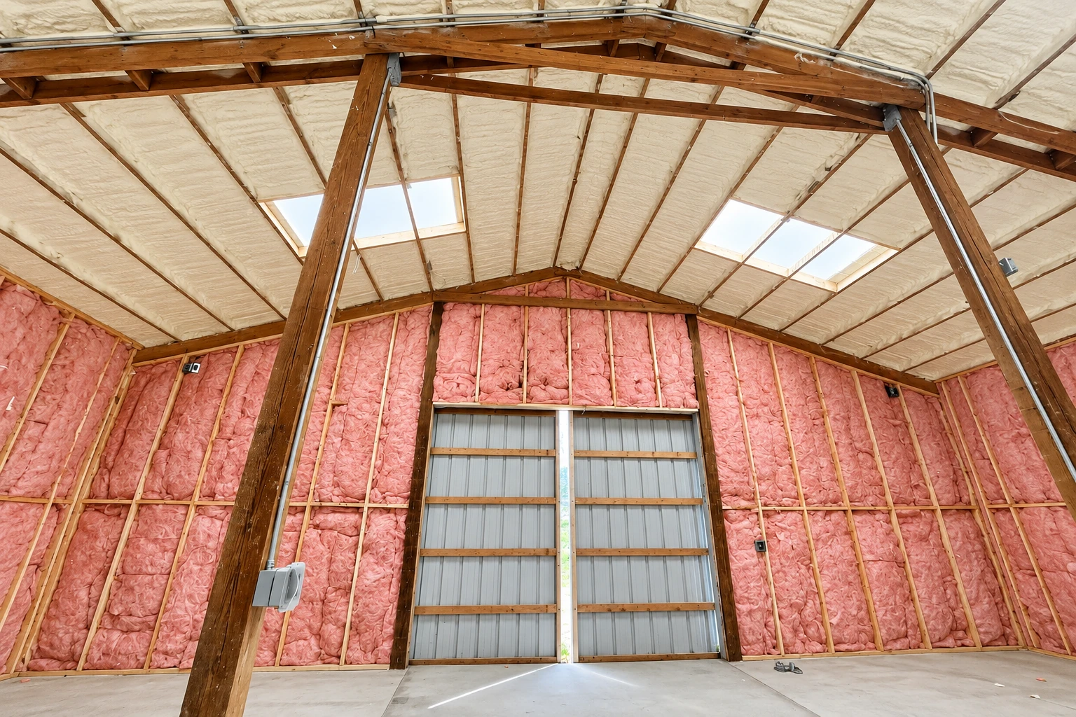 A large garage interior with pink batt insulation in the walls and white foam insulation between the roof rafters.