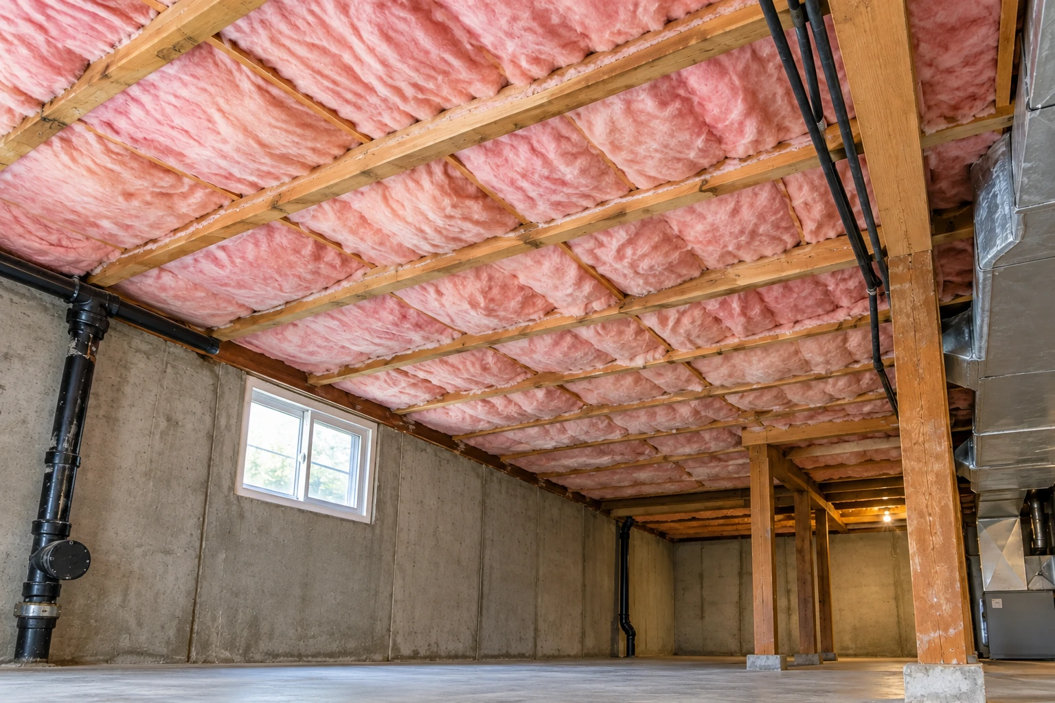 Basement with pink fiberglass insulation between ceiling joists above concrete walls and a bare floor.