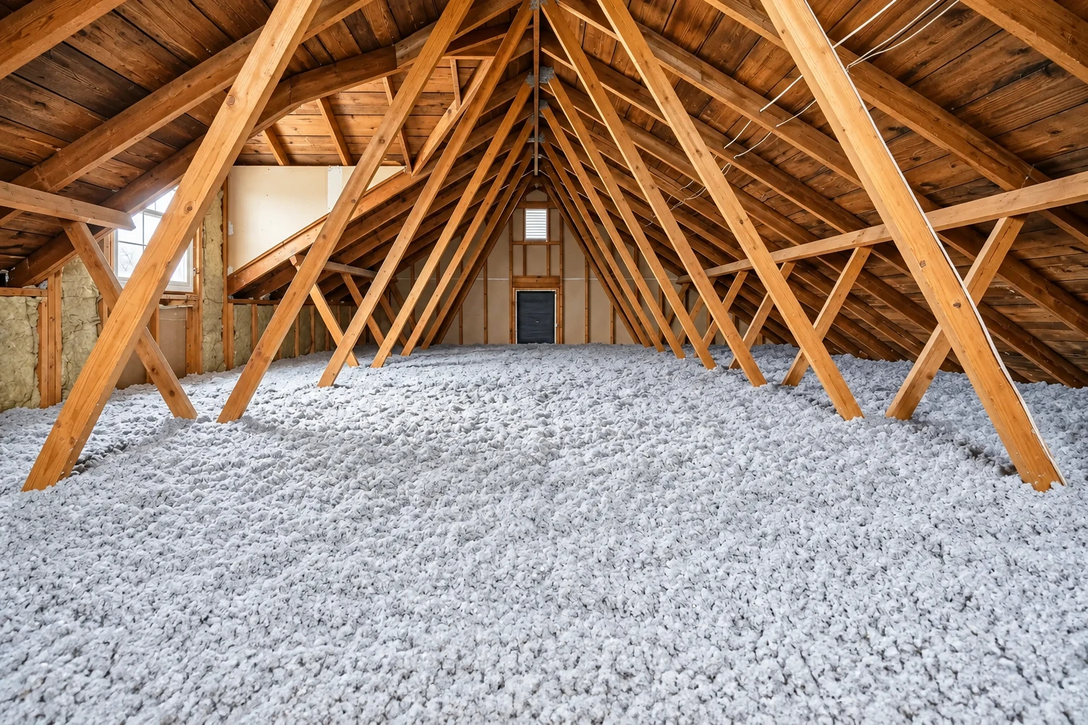Loose white blown-in insulation covers the floor beneath the exposed wooden trusses of an attic.