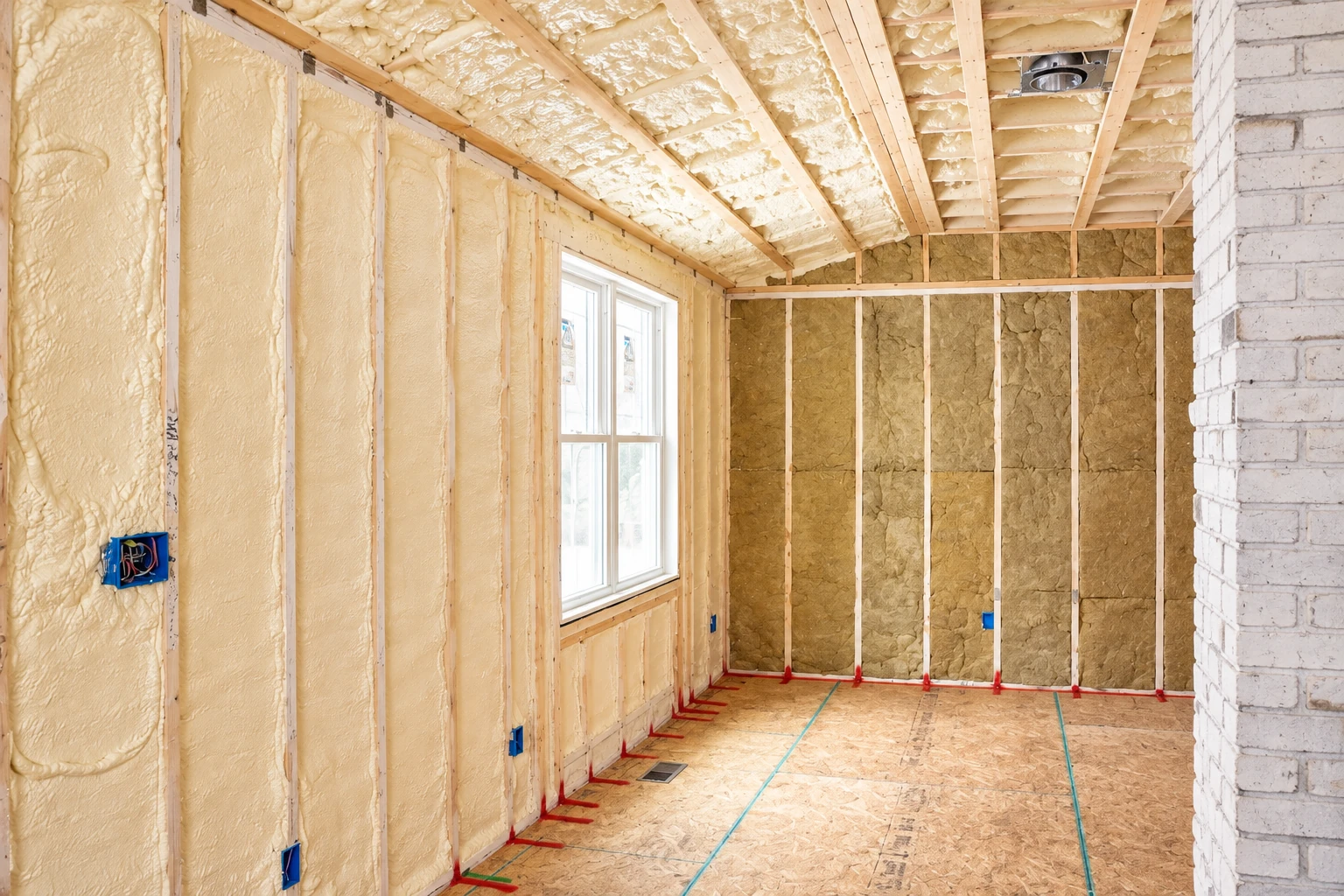 Unfinished room with cream spray foam insulation on walls and ceiling and brown batts fitted between studs on the far wall.