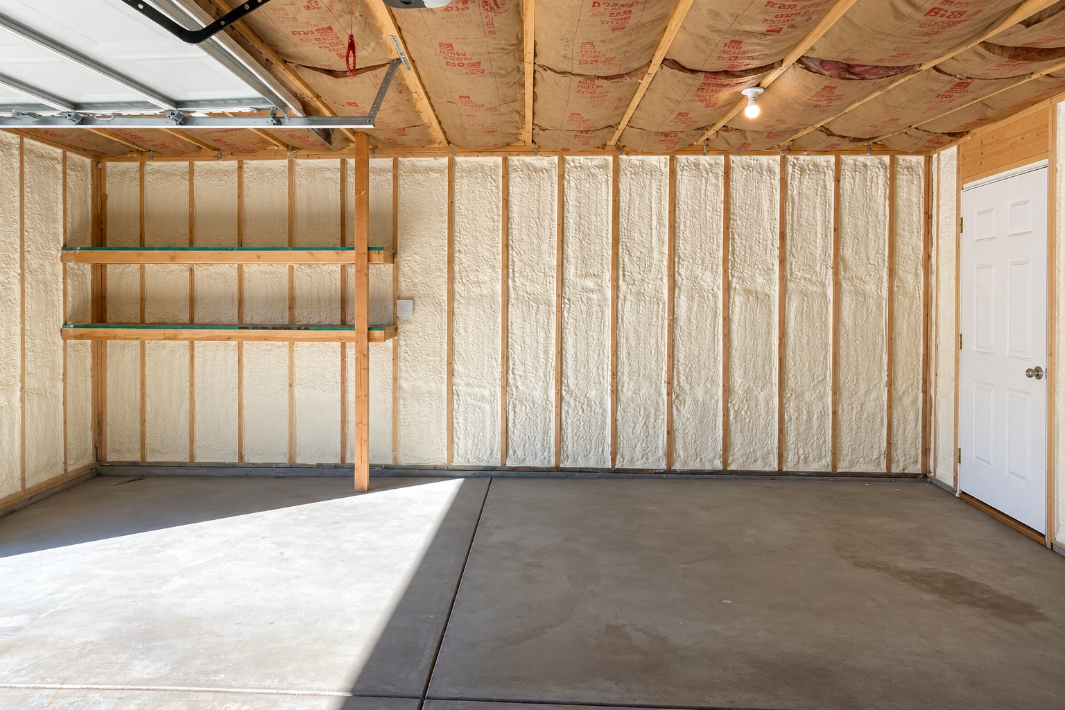 Cream-colored spray foam fills the wall cavities of an unfinished garage beneath fiberglass ceiling batts.