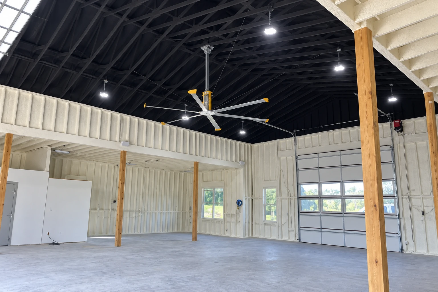Large commercial building interior with white insulated walls, exposed black roof trusses, ceiling fans and a roll-up door.