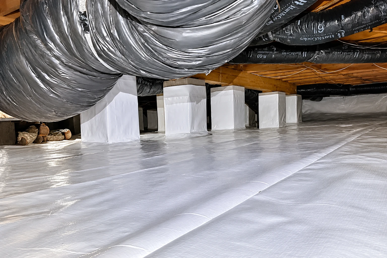 Crawl space with a white vapor barrier covering the floor, wrapped support posts, and silver insulated ducts overhead.