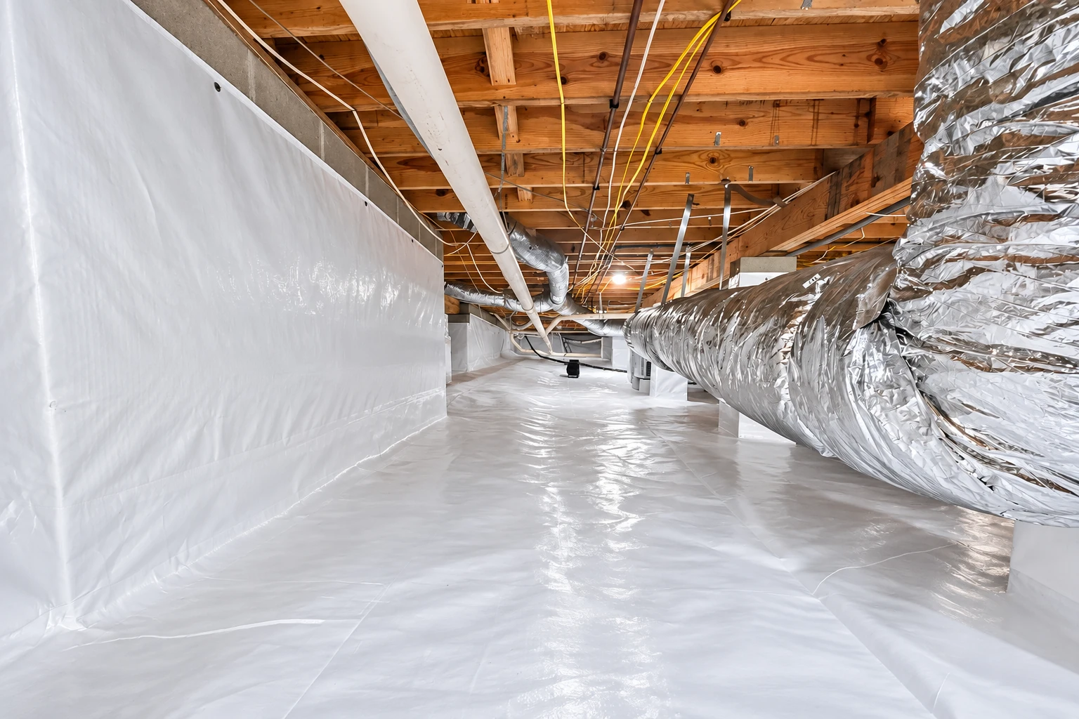 A crawl space has a white vapor barrier covering the floor and walls, with large insulated ducts overhead.