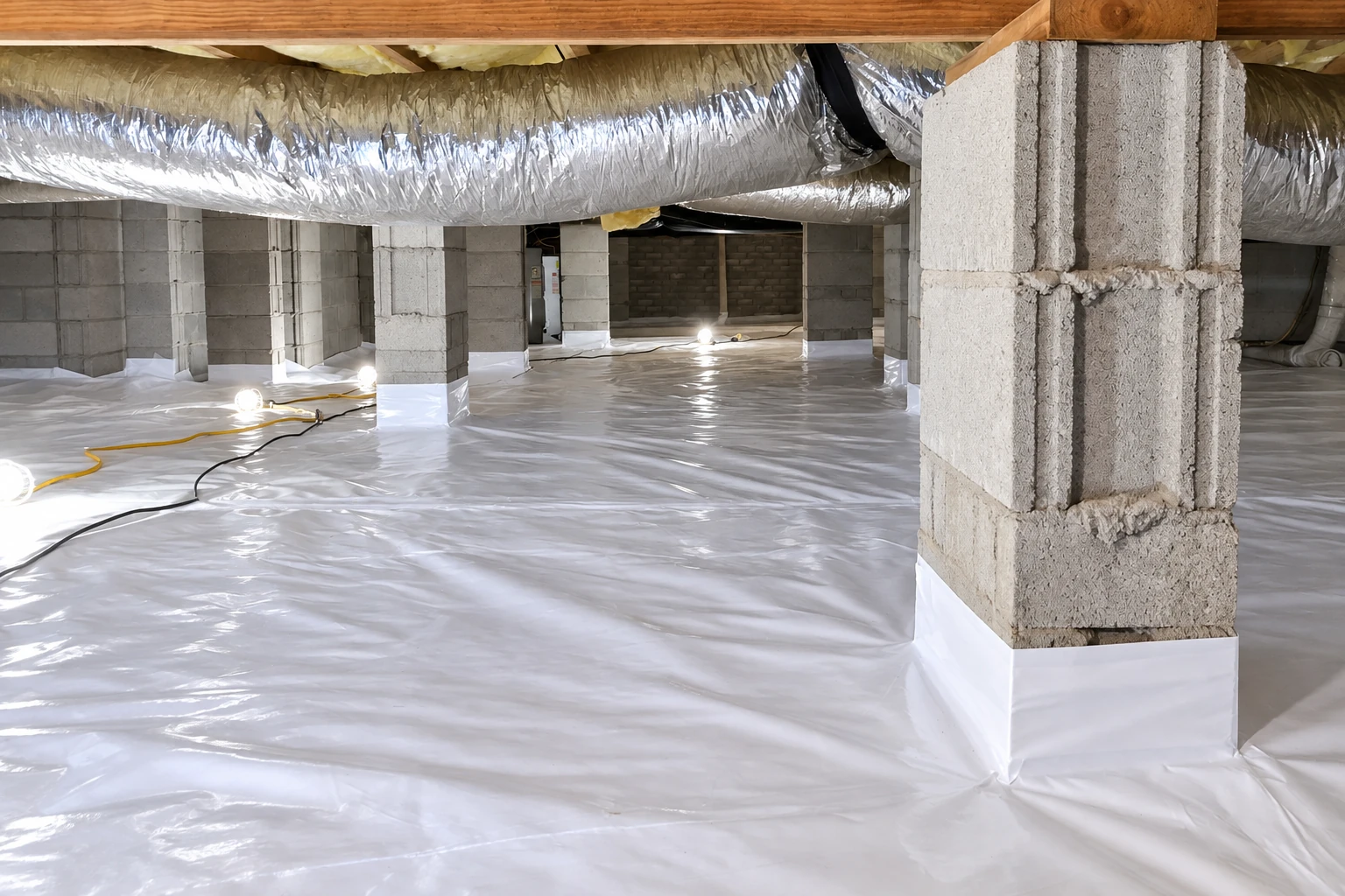 Crawl space with a white plastic vapor barrier covering the floor and wrapped around concrete block support pillars.