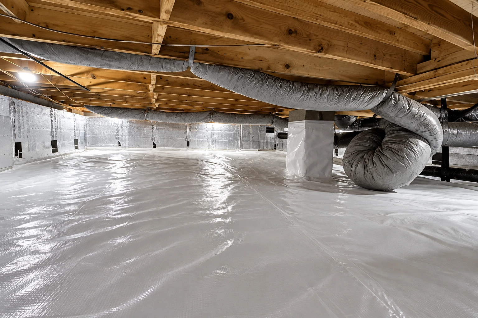 A crawl space with a white plastic vapor barrier covering the floor, reflective wall lining, and exposed floor joists and ducts overhead.