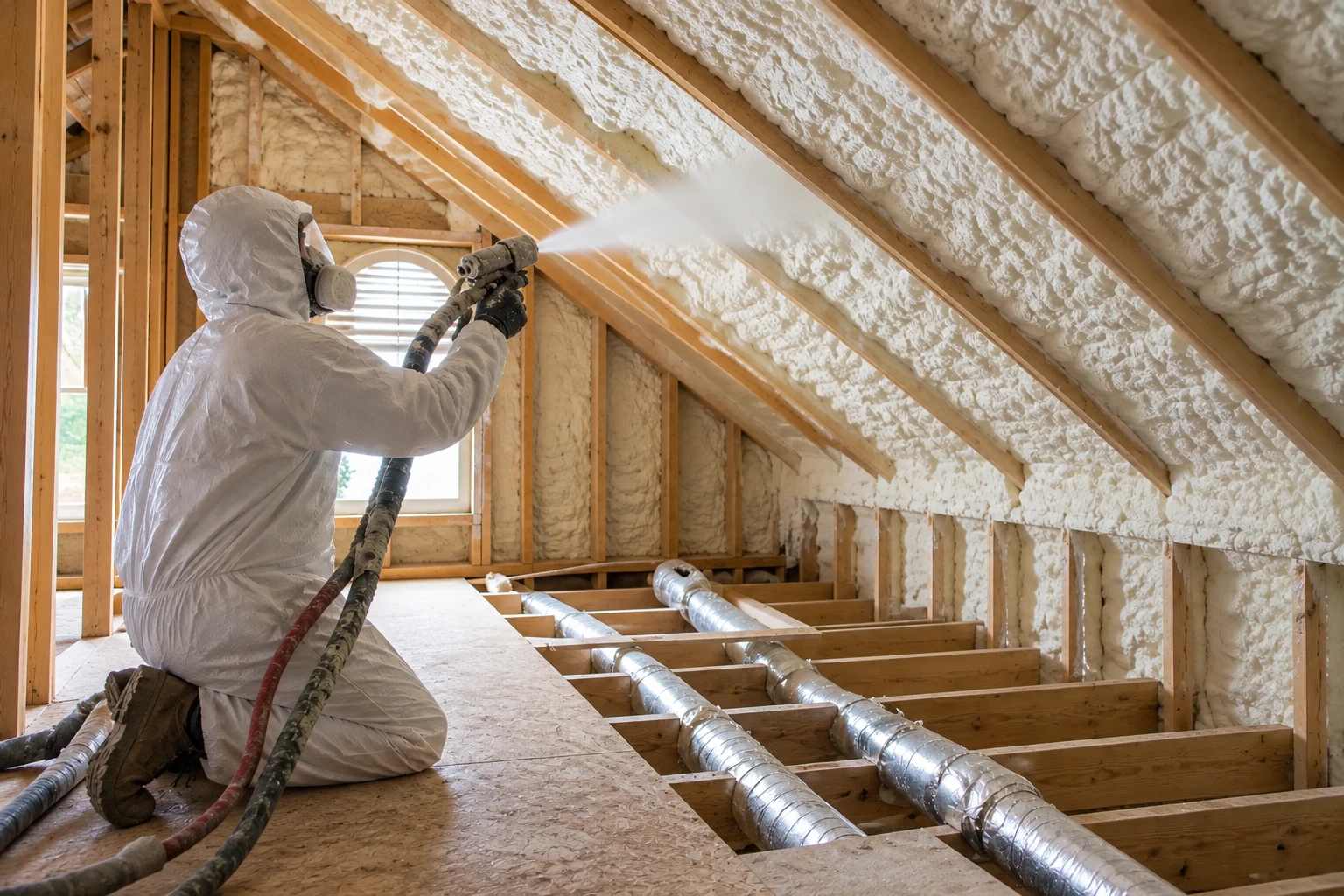 A worker in protective coveralls sprays foam insulation onto the sloped roof between wooden rafters.