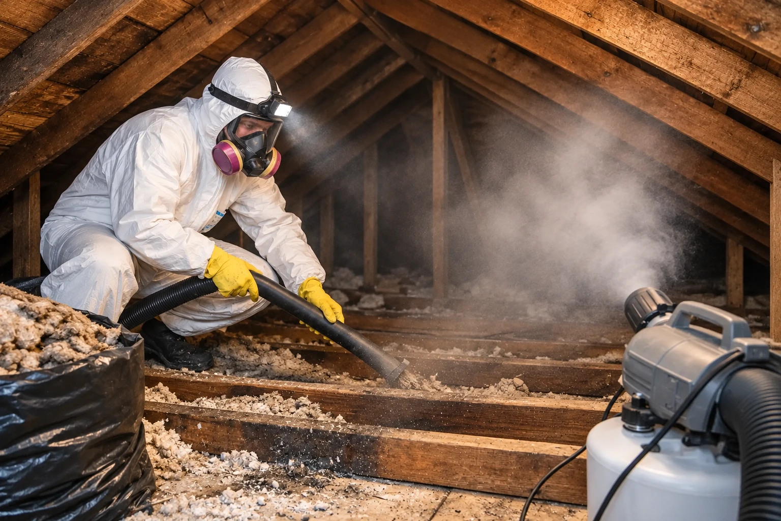 A worker in protective coveralls and a respirator vacuums loose attic insulation into a hose as dust rises nearby.