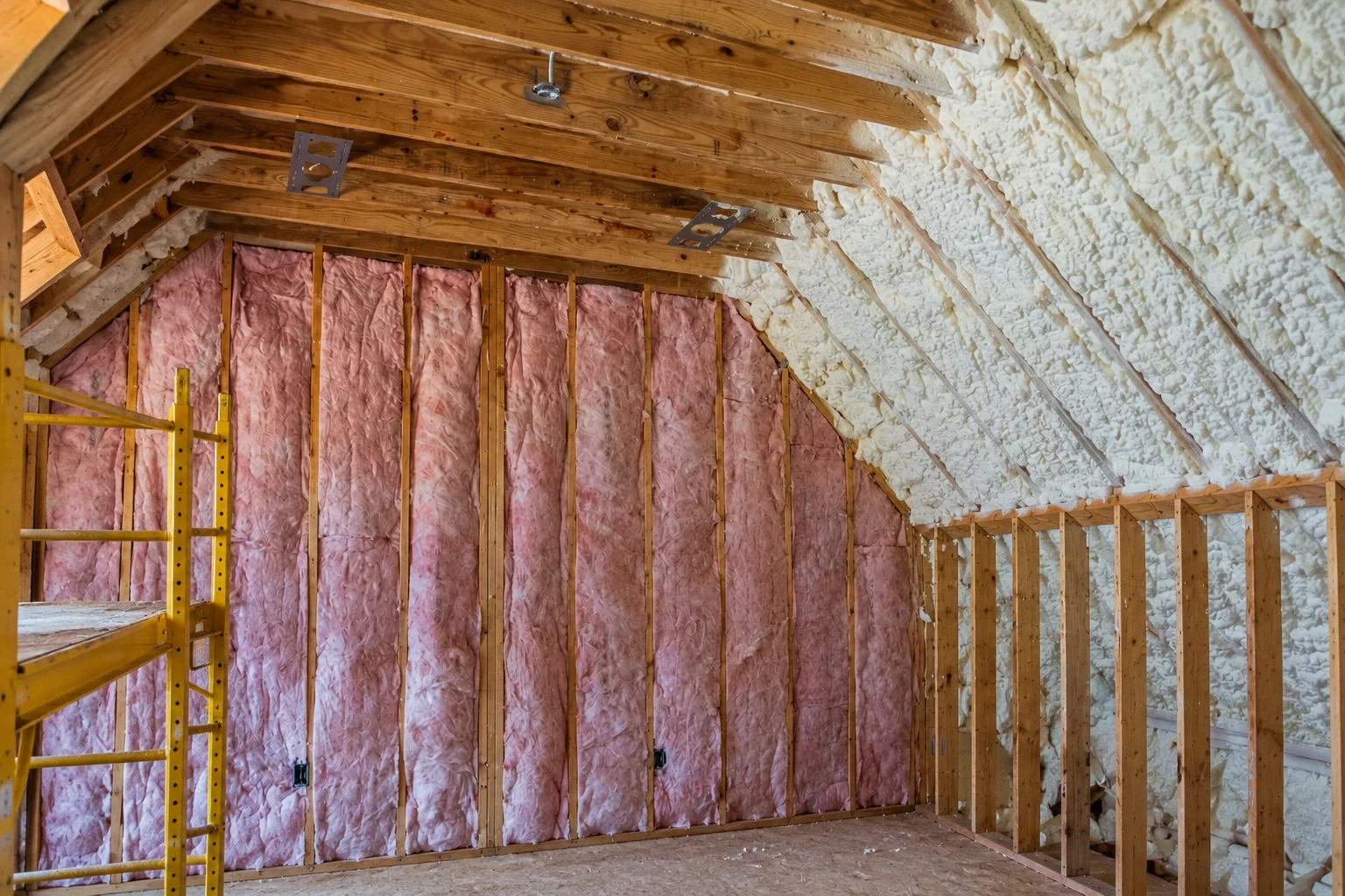 Attic framing with pink fiberglass batts in the walls and white spray foam coating the sloped roof.