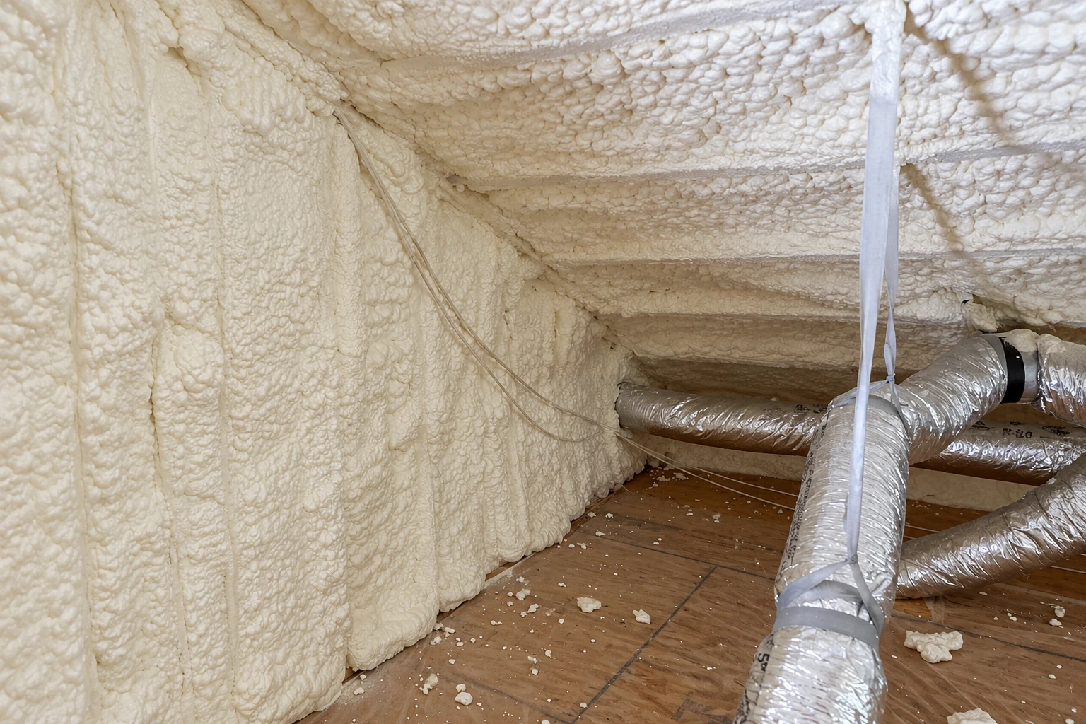 Thick cream-colored spray foam covers the walls and roof of an attic beside flexible metal ducts.