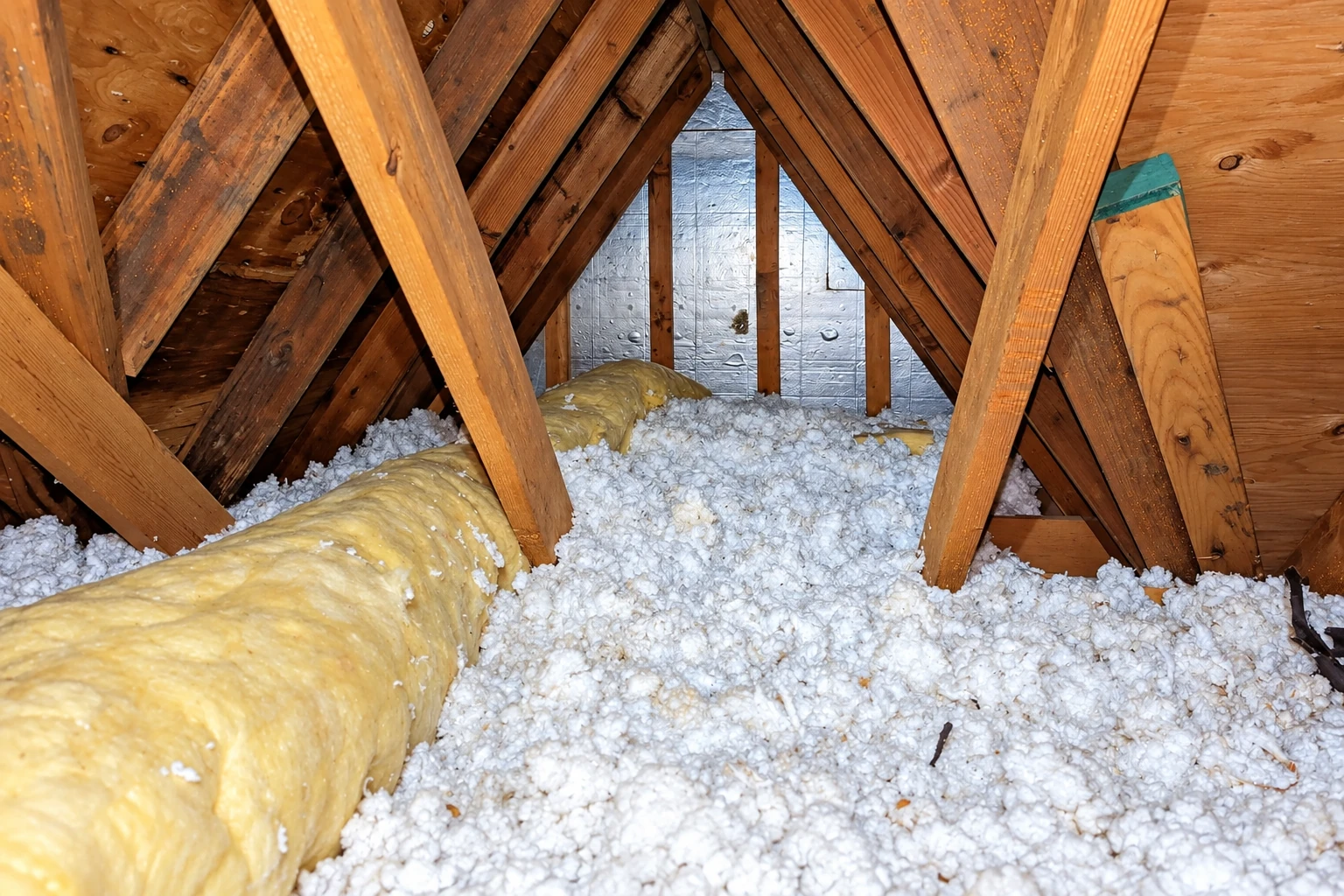 An attic with exposed wooden rafters, loose-fill insulation across the floor, and a roll of yellow fiberglass insulation.